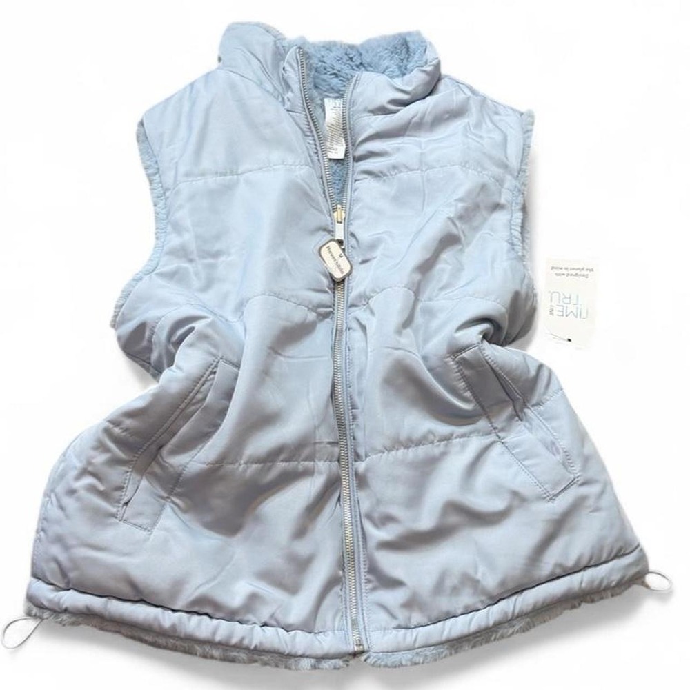 Time And True Light Blue Reversible Faux Fur Puffer Vest, Women's Size M